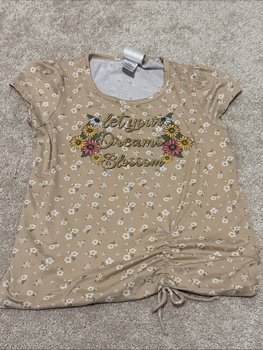 Girls Floral Ruched Tee - Beige with Multicolor Flowers